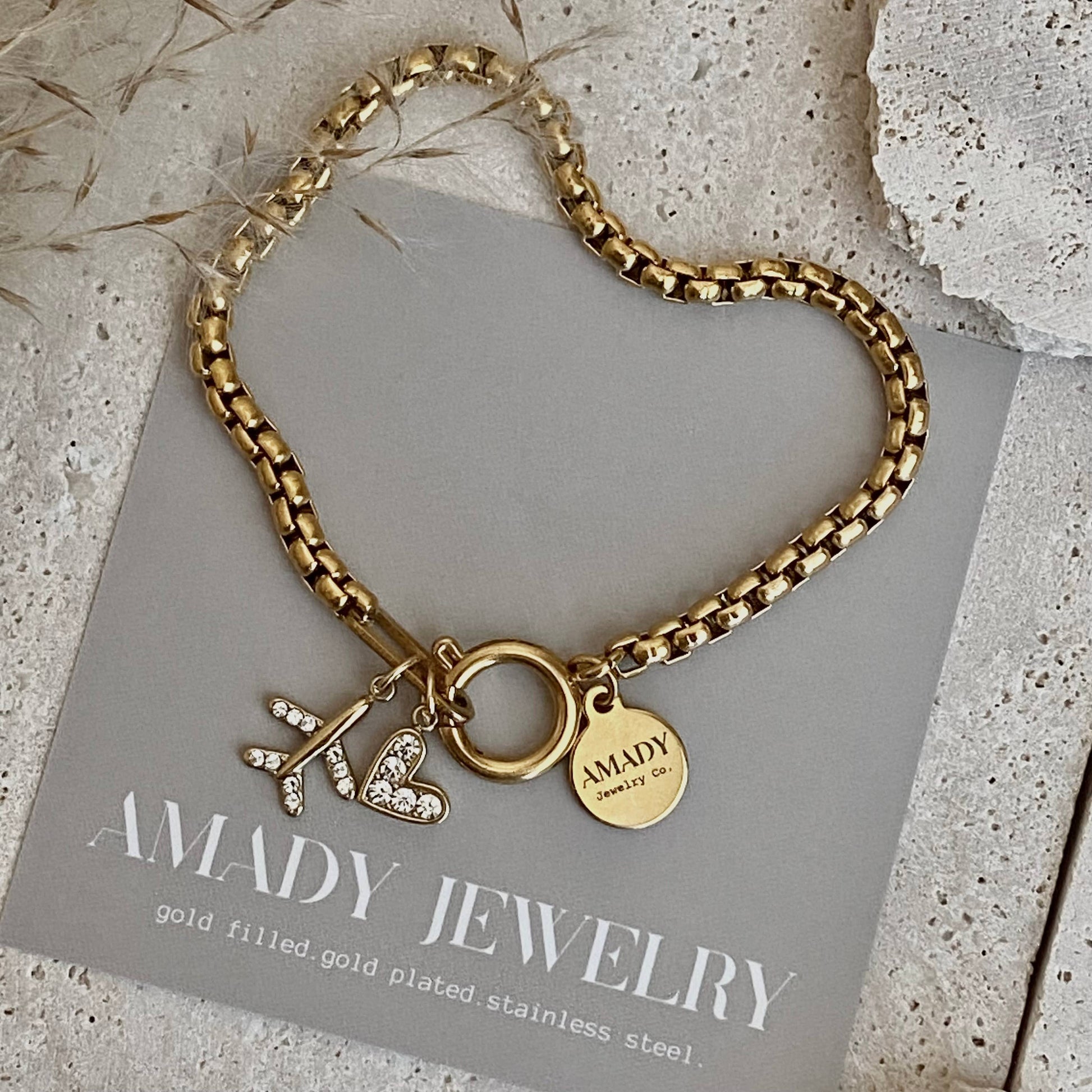 Traveler travel Bracelet airplane plane heart gold plated  - Pink Peonies
