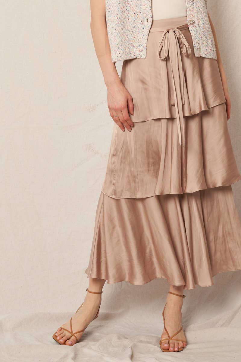 Belted Satin Tiered Midi Skirt