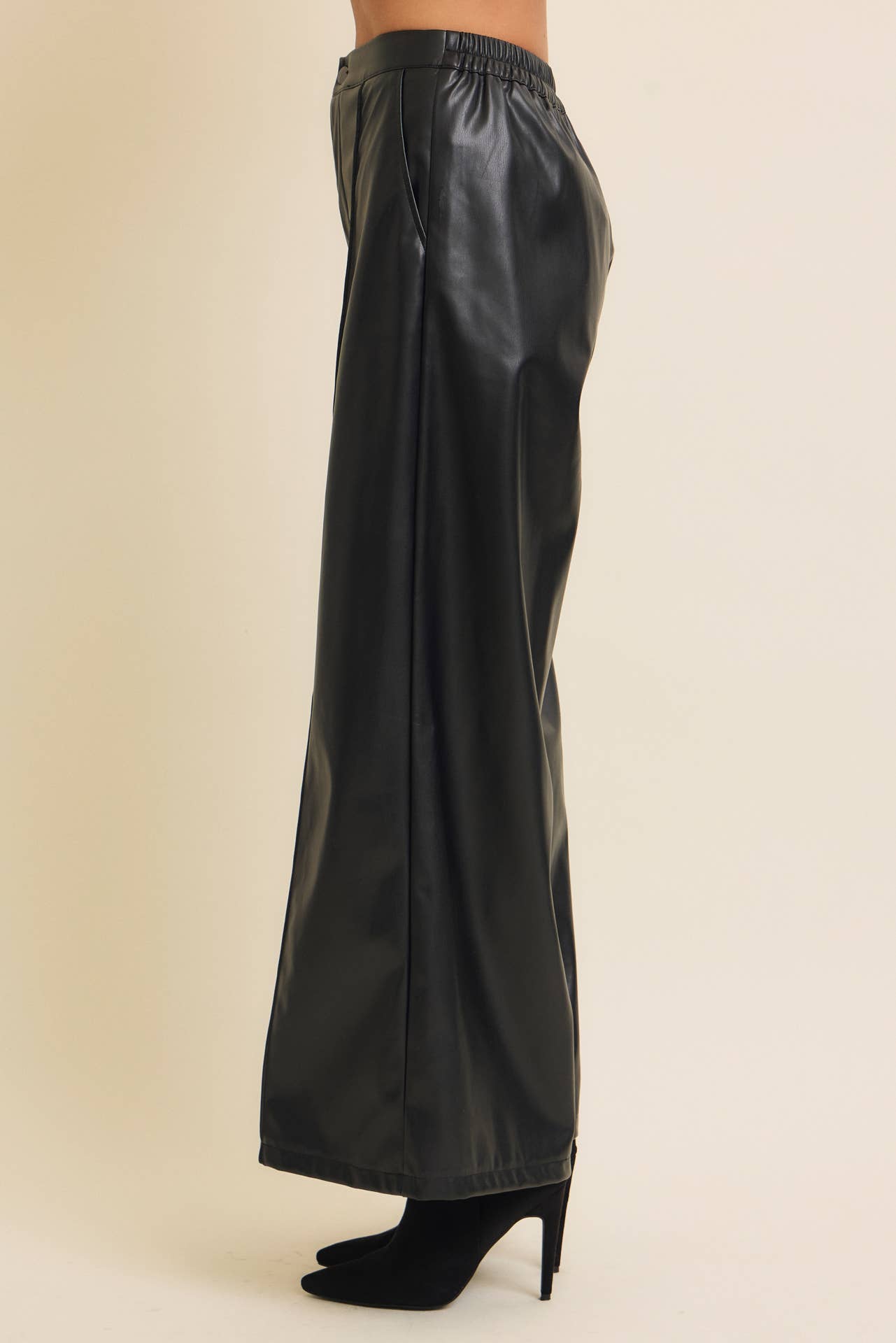 Vegan Leather Wide-Leg Pants with Elastic Back