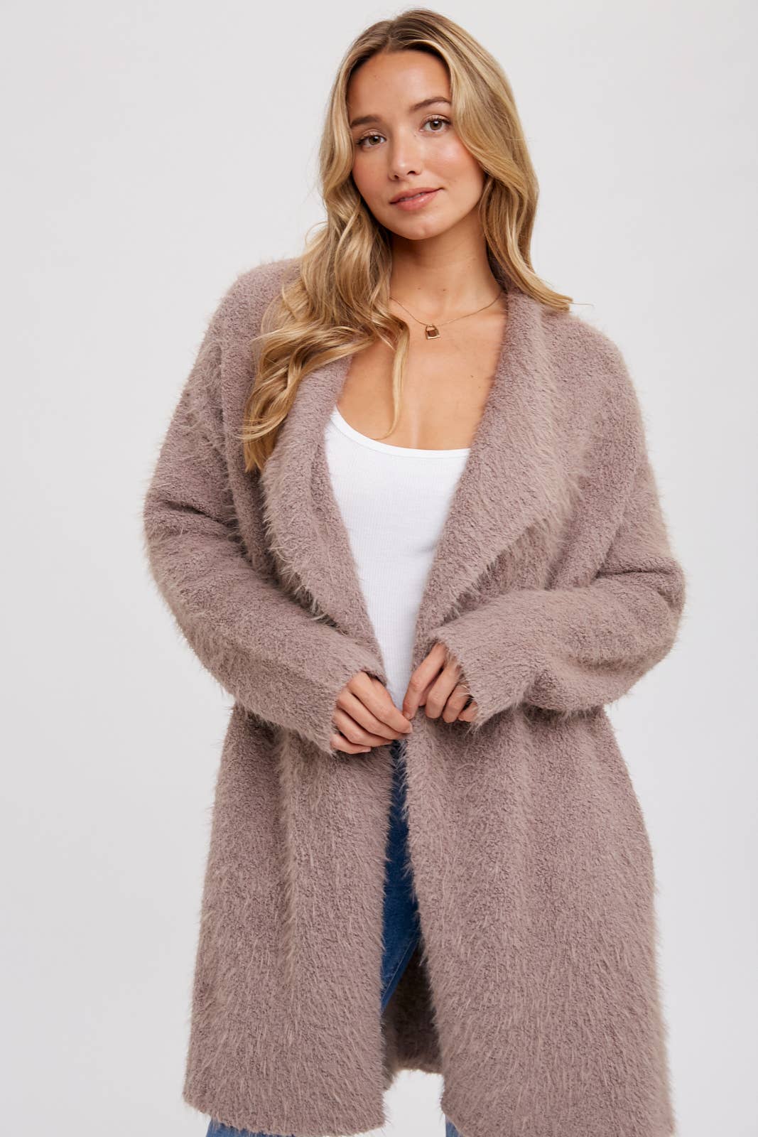 SOFT FUZZY DRAPE FRONT CARDIGAN: MUSHROOM / M/L - Pink Peonies