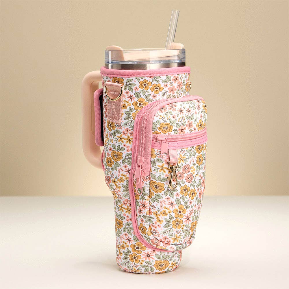 Pink Floral Tumbler Carrier Holder Bag - Pink Peonies