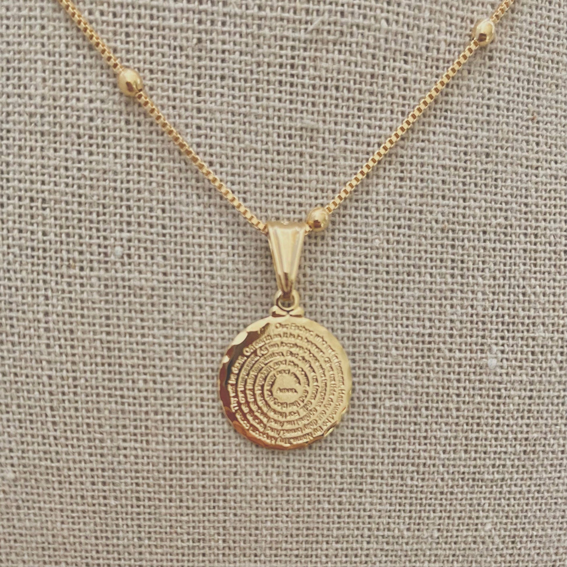Our Father prayer coin charm necklace 18k GF satellite chain - Pink Peonies