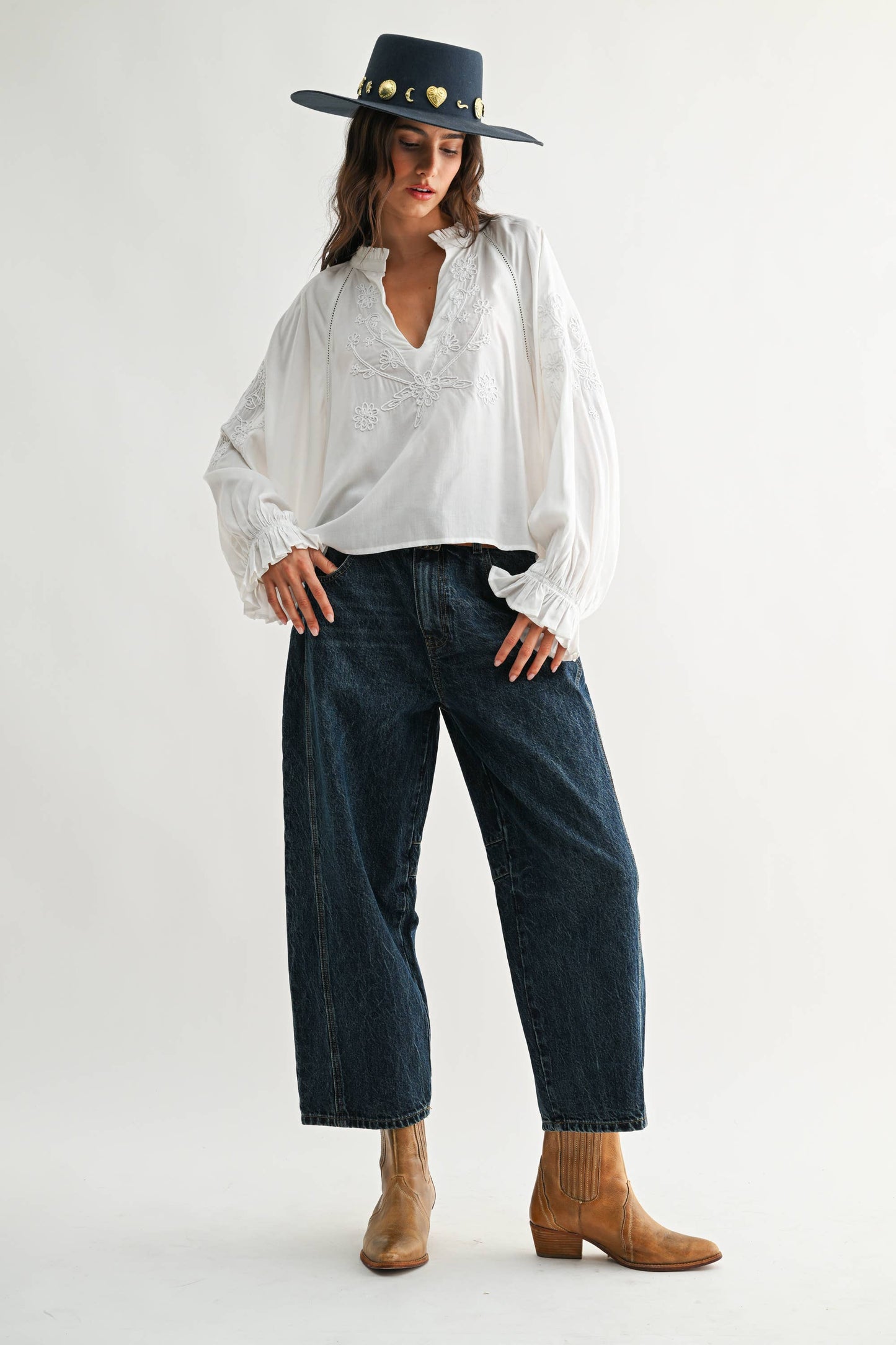 CMT26709 Boho-Chic Embroidered White Peasant Blouse: OFF WHITE / S-M-L (3-2-1) - Pink Peonies