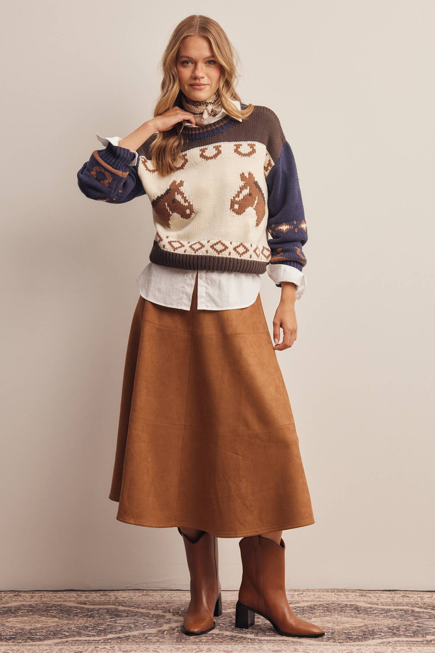 Western Horse Intarsia Knit Sweater - Pink Peonies