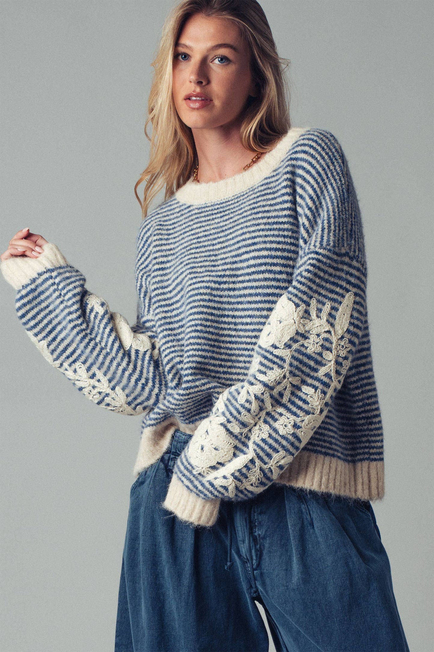 Floral Embroidered Striped Knit Sweater