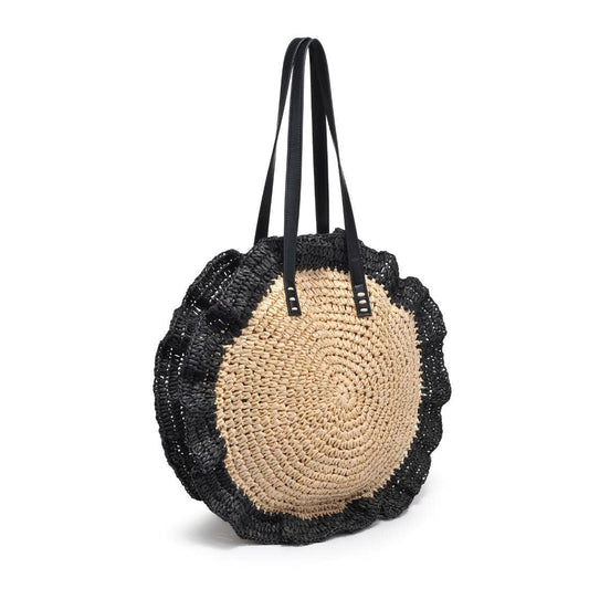 Black Rattan Round Ruffle Tote Bag - Pink Peonies