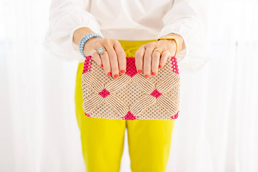 Handmade Macramé Clutch- Champagne & Pink - Pink Peonies