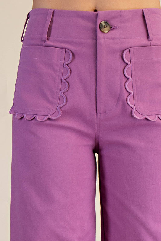 Colette Wide-Leg Scallop Pocket Pants - Pink Peonies