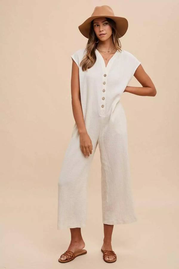 Cream Cotton Guaze Button Down Jumpsuit - Pink Peonies