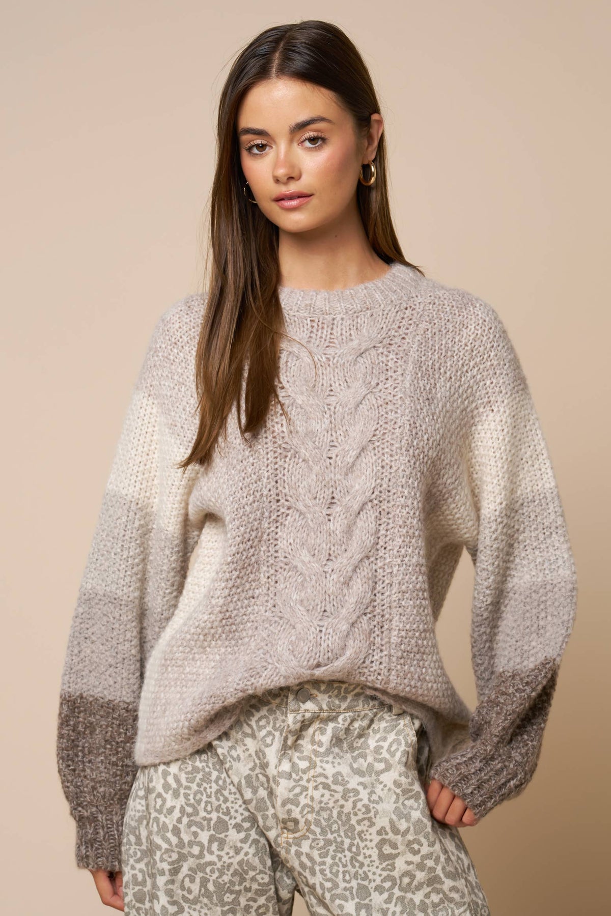 Color Block Cable Knit Sweater: TAUPE / L - Pink Peonies