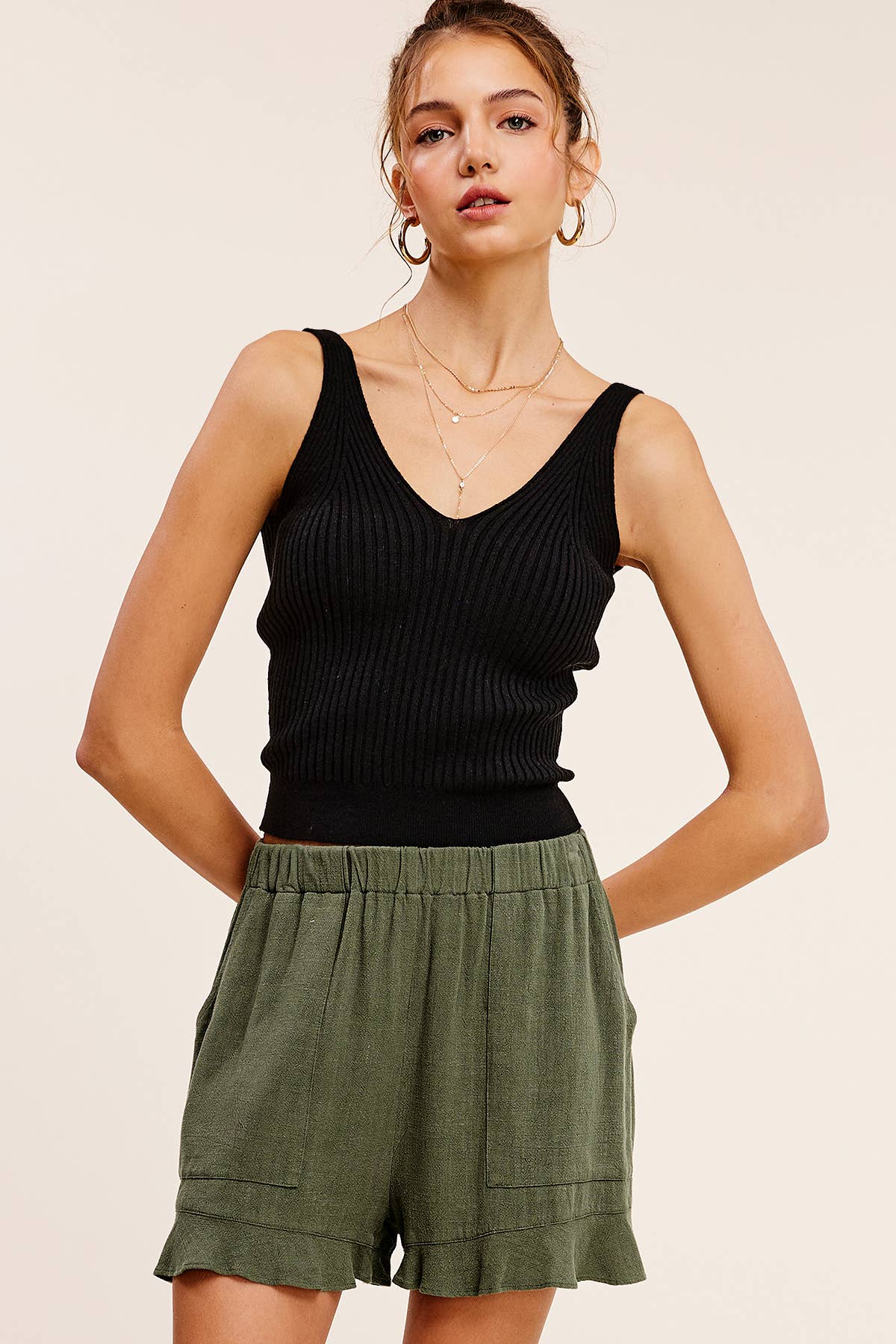 HBP4201-Flared Hem Elastic Band Shorts with Front Pockets: Olive / L - Pink Peonies