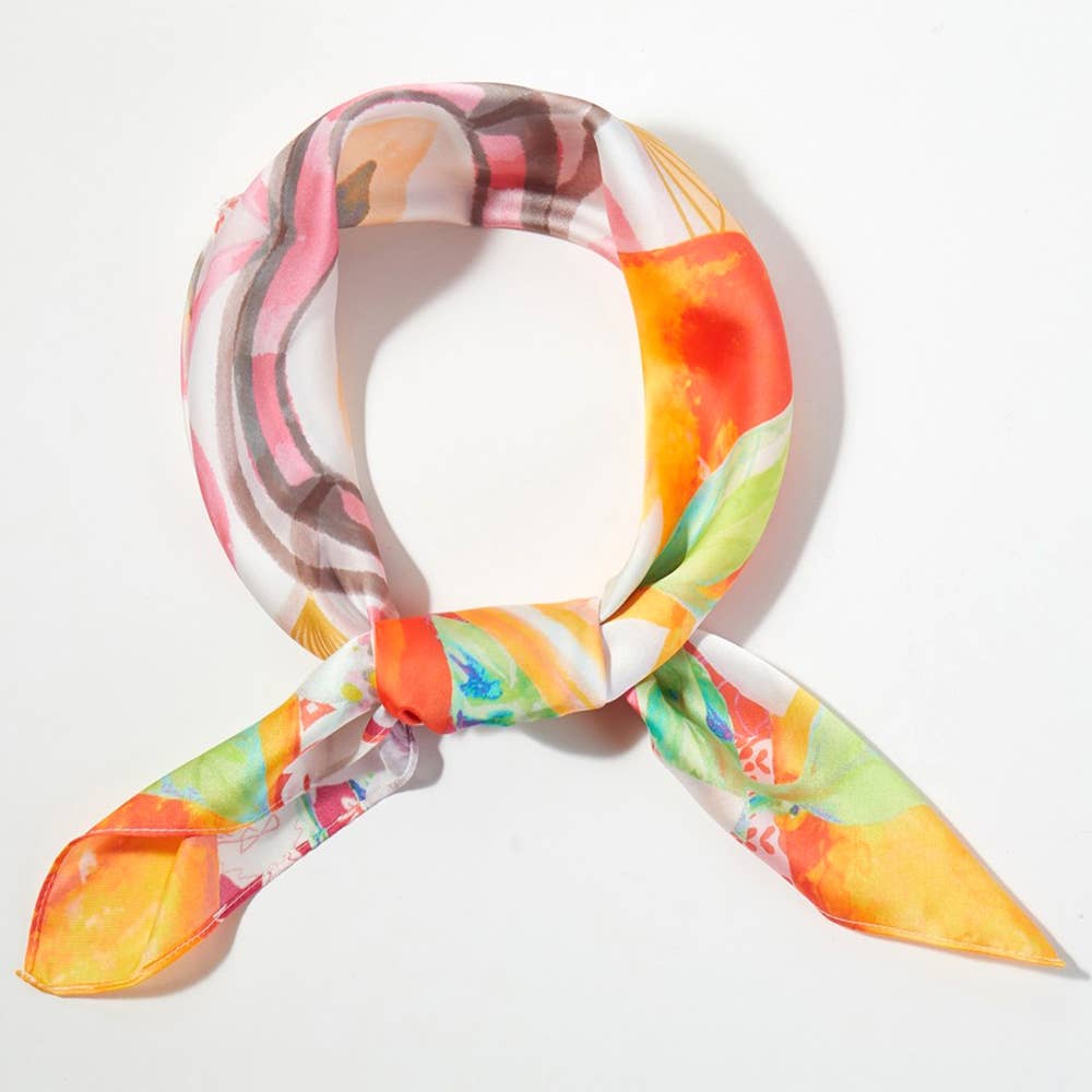 Orange Mosaic Print Square Bandana Scarf: Black - Pink Peonies