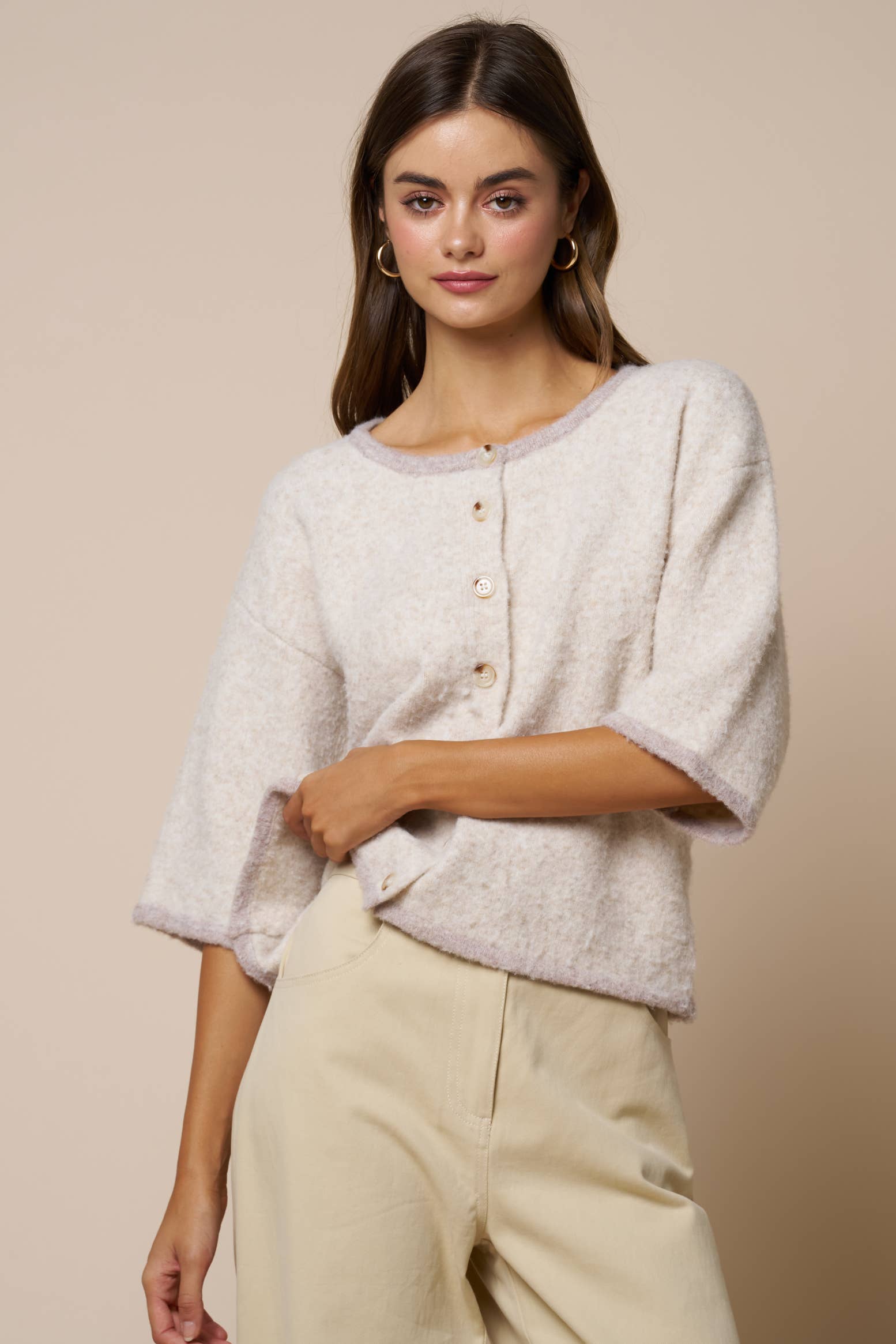 Color Block Button Down Sweater Top: LT BEIGE / L - Pink Peonies