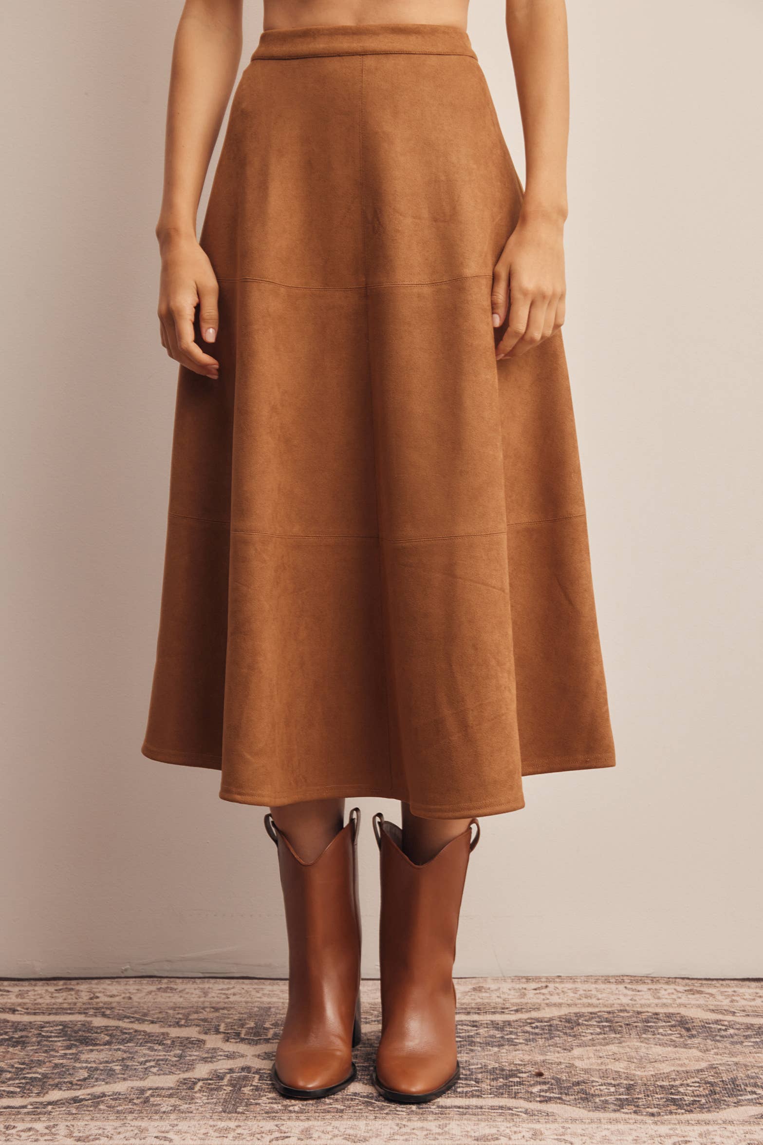 Stretched Suede A-Line Midi Skirt - Pink Peonies