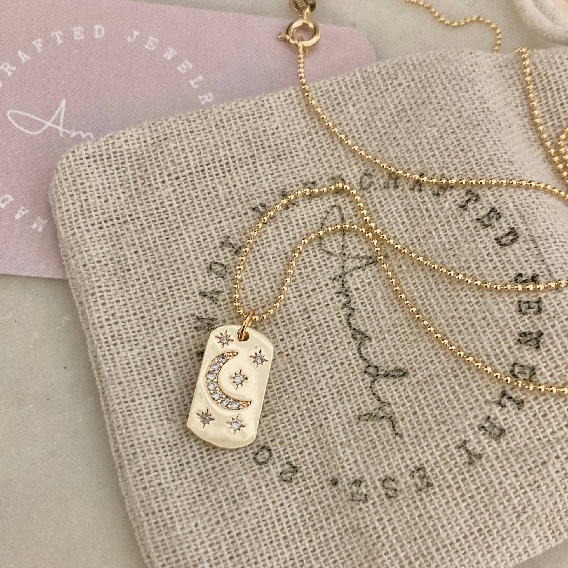 Half Moon Crescent Star Medallion 18K gold dog tag necklace - Pink Peonies
