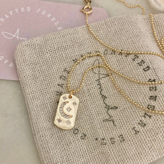 Half Moon Crescent Star Medallion 18K gold dog tag necklace - Pink Peonies