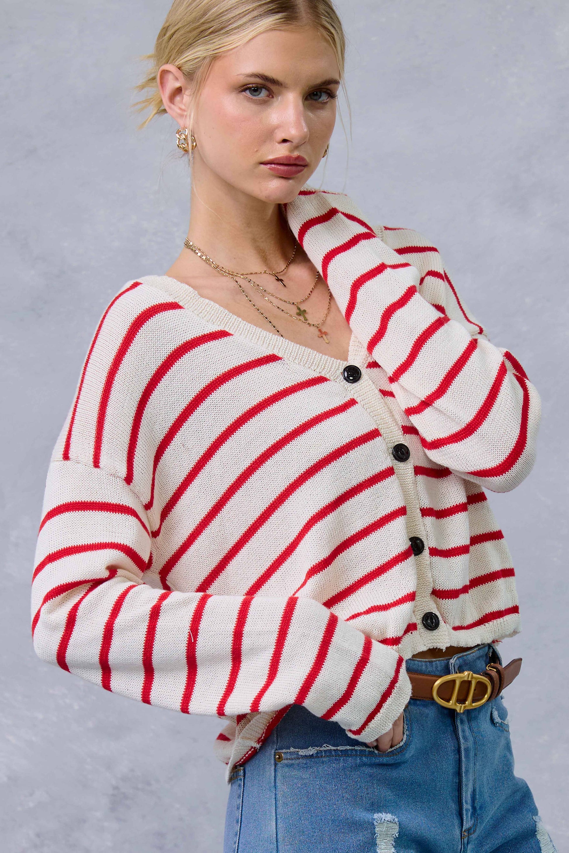 MDS3611-Relaxed Striped Summer V Neck Button Down Cardigan: Tomato / L - Pink Peonies
