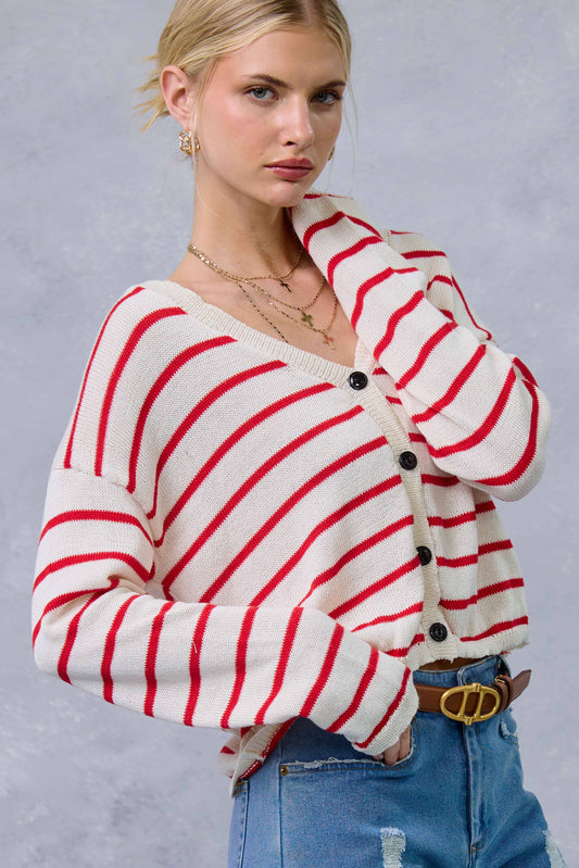 MDS3611-Relaxed Striped Summer V Neck Button Down Cardigan: Tomato / L - Pink Peonies